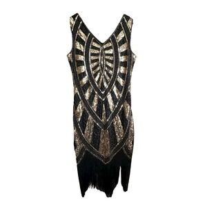 Metme Black Gold Sequin Fringe Flapper Dress Gatsby Party‎ XXLarge